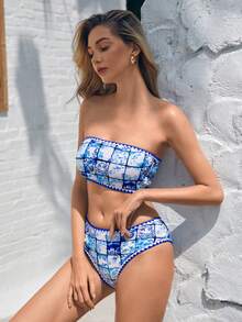 Swim Vcay 花卉印花綁帶後背無肩帶比基尼套裝 - 彩色 - 查看 3