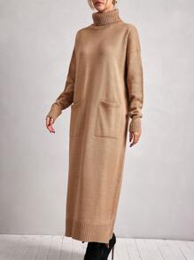 EURMUSE Turtleneck Dual Pocket Split Hem Sweater Dress - Brown - View 5