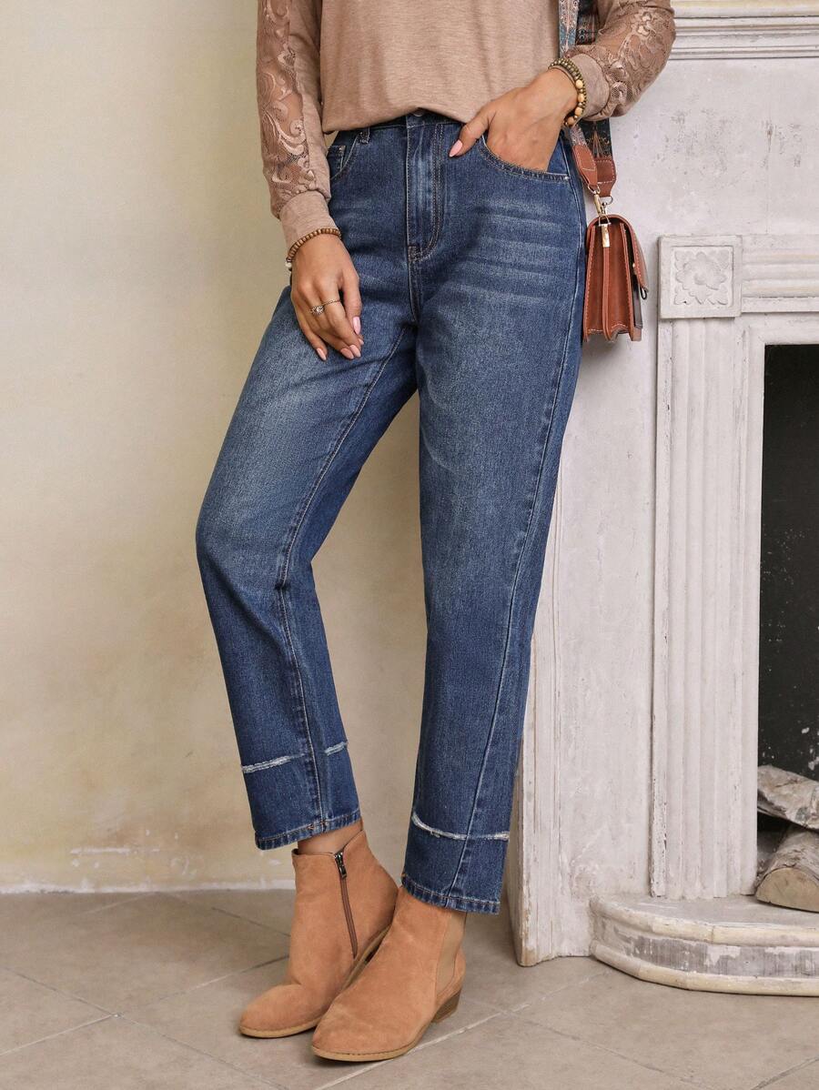 SHEIN LUNE High Waist Raw Trim Cropped Jeans