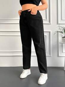 EURMUSE Quần Jeans Trơn Cạp Cao Size Lớn - màu đen - Xem 5