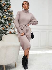 GENKIRA Turtleneck Drop Shoulder Belted Sweater Dress - Khaki - View 3