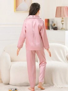 Girls Satin Pajama Set Long Pants Silk Button Style Long Sleeved Contrast Edging Cardigan Top Suitable For Children Aged 8-13 Spring And Autumn Two Piece Sets Loungewear - Red - View 2