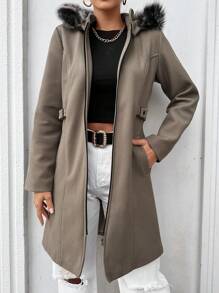 EURMUSE Zipper Front Hooded Woolen Coat - Beige - View 1