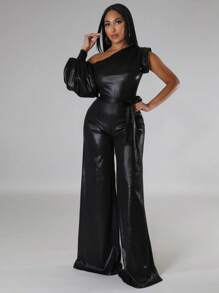 Asymmetrical Neck Lantern Sleeve Belted Party Jumpsuit - Black - View 1