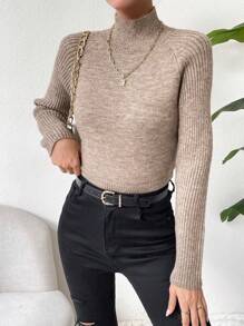 SHEIN Essnce Mock Neck Raglan Sleeve Sweater - Mocha Brown - View 6