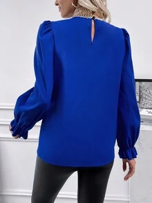 SHEIN Clasi Chèn ren Guipure tay áo lá sen Áo sơ mi - Màu xanh lam - Xem 2