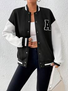 SHEIN Unity Women's Casual Fashion Street Sporty Collegiate Style Letter Graphic Contrast Color Loose Fit Baseball Jacket - Black and White - View 6