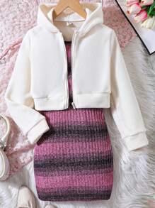 SHEIN Tween dziewczynka W paski Sukienka na ramiączkach & Z Kapturem Kurtki