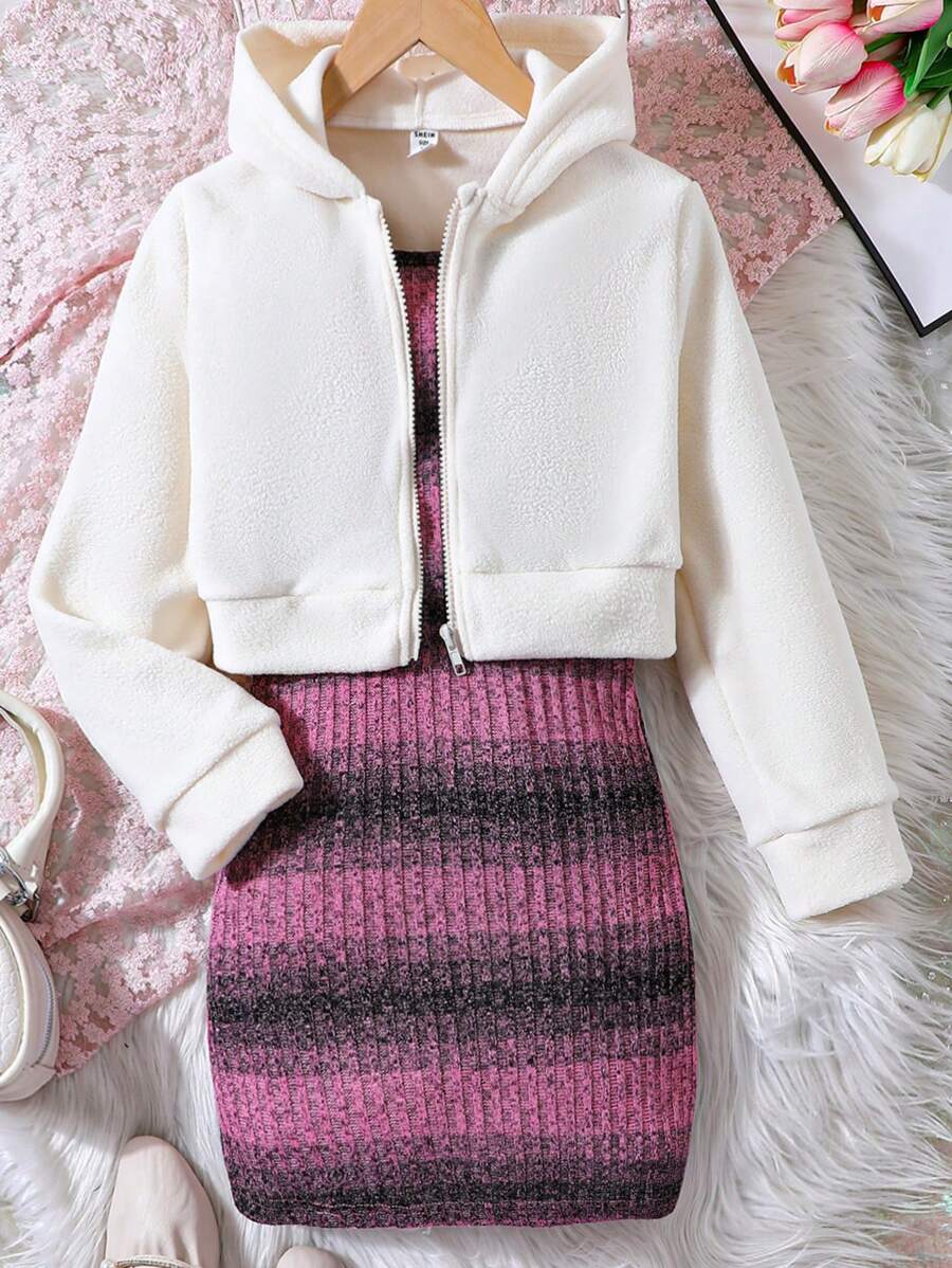 SHEIN Tween dziewczynka W paski Sukienka na ramiączkach & Z Kapturem Kurtki