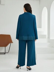 Mulvari Plus Size Fringe Hem Blouse And Wide Leg Pants Set - Blue - View 3