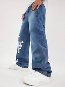 Manfinity Roghcode 男士休闲交叉印花直筒牛仔裤 - 藍色 - 查看 5