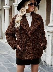 SHEIN Clasi 西裝領落肩袖絨毛外套 - 咖啡棕 - 查看 6