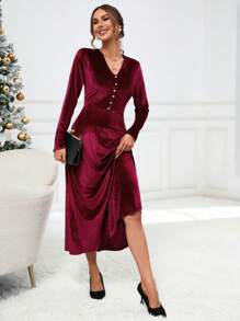 SHEIN Privé Nút phía trước Nhung Váy chữ A - Đỏ - Xem 1