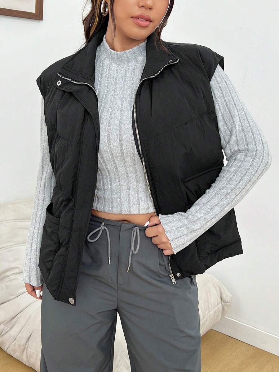 SHEIN EZwear Chaqueta minimalista sin mangas con cierre de cremallera frontal, de uso diario casual, para talla grande - Beis - Ver 1