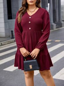 Calvaya Talla grande Vestido tejido de canalé de manga farol bajo con fruncido - Caqui - Ver 3