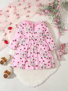 Bebé niña Vestido con estampado de conejo ribete con fruncido - Rosa - Ver 2