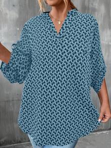 SHEIN LUNE 大碼滿版印花捲邊袖襯衫 - 霧霾藍 - 查看 3
