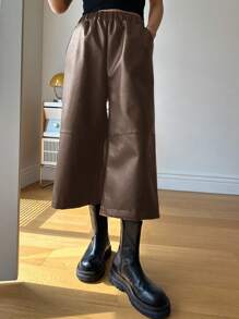 Dazy Star High Waist Slant Pocket PU Leather Wide Leg Pants - Brown - View 4