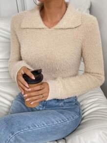 SHEIN Unity Solid Fuzzy Knit Pullover Fall Winter Sweater - Khaki - View 3