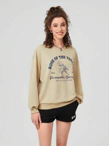 Forever 21 Women'S Floral & Letter Printed Drop Shoulder Sweatshirt - Khaki - View 3