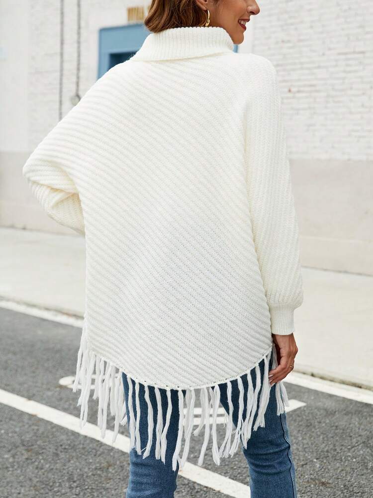 Turtleneck Batwing Sleeve Fringe Hem Sweater Without Belt Knit Pullover Fall Winter Sweater