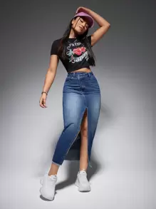 SHEIN EZwear 高腰毛邊牛仔半身裙 - 深色水洗藍 - 查看 5
