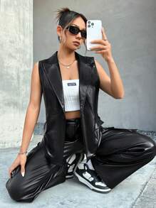 Muchica Lapel Neck Flap Detail Vest Blazer - Black - View 6