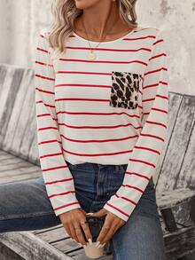SHEIN LUNE Camiseta con estampado de rayas y leopardo con parche con bolsillo - Rojo y blanco - Ver 5