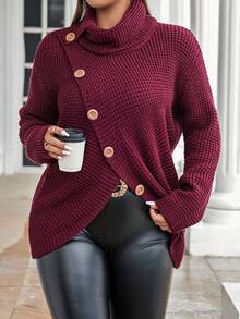 Flirla 大碼高領前紐扣落肩袖套頭毛衣 - 酒紅色 - 查看 6