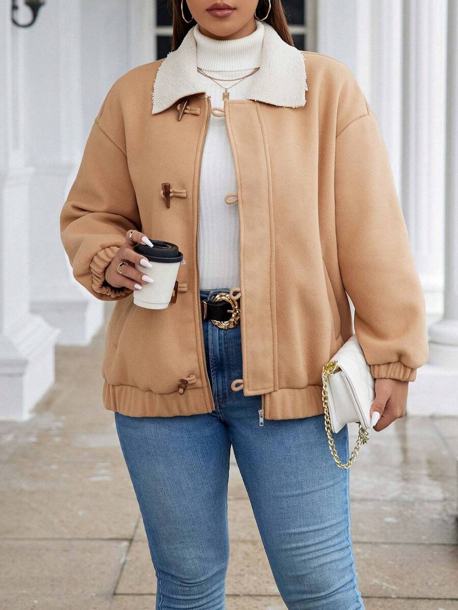 Calvaya Große Größen Dufflecoat mit Kragen aus Kunstfell, Raglanärmel und Wattierung für den Winter - Khaki - Übersicht 1