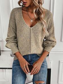 SHEIN Essnce 雜色針織落肩袖套頭毛衣 - 卡其色 - 查看 4