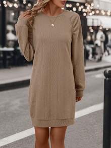 SHEIN LUNE Chất rắn Tay Raglan Đầm nỉ - Màu Khaki - Xem 5