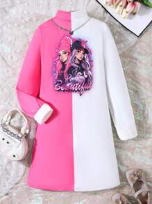 SHEIN 女大童人物和字母圖案雙色T恤洋裝