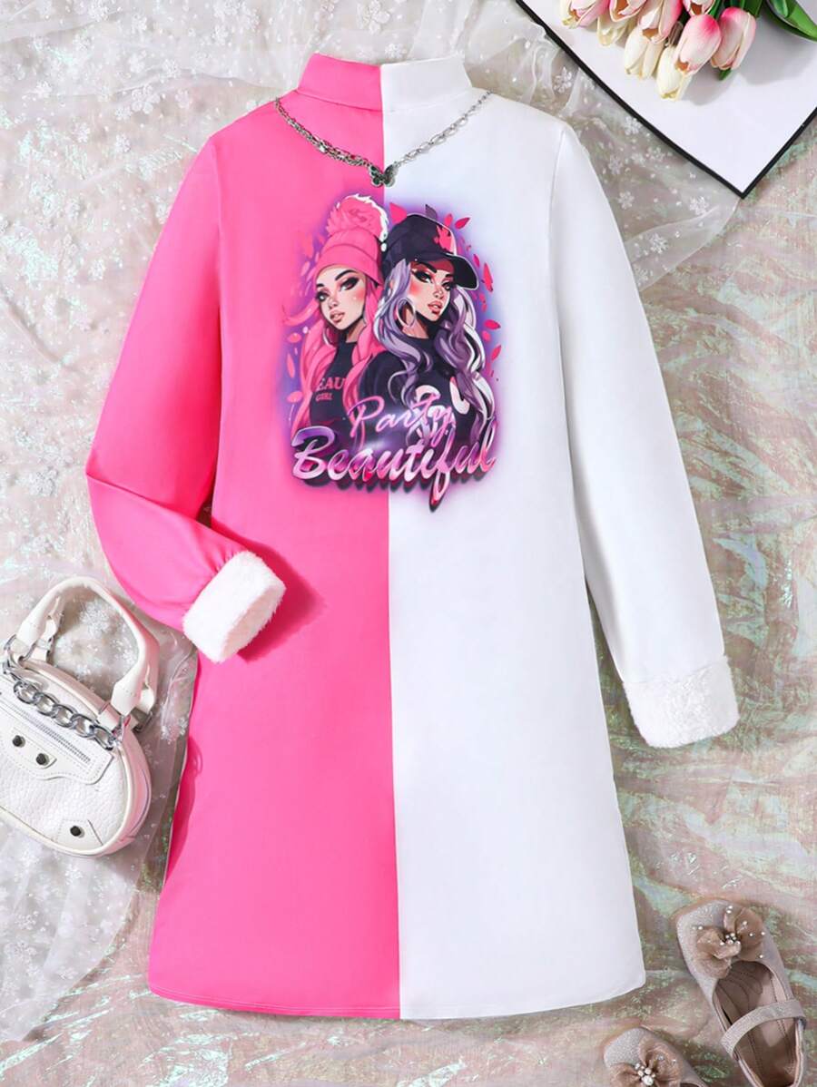 SHEIN 女大童人物和字母圖案雙色T恤洋裝