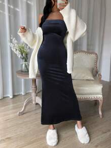 SHEIN Privé Solid Mermaid Hem Tube Dress - Navy Blue - View 4