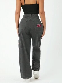 SHEIN PETITE 女士字母印花牛仔裝人造絨毛褲 - 深灰色 - 查看 2