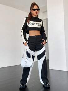 SHEIN Coolane Letter Graphic Two Tone Crop Jacket - Black and White - View 3