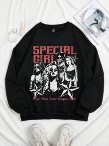 SHEIN EZwear Plus Slogan & Figure Graphic Drop Shoulder Sweatshirt - Black - View 1