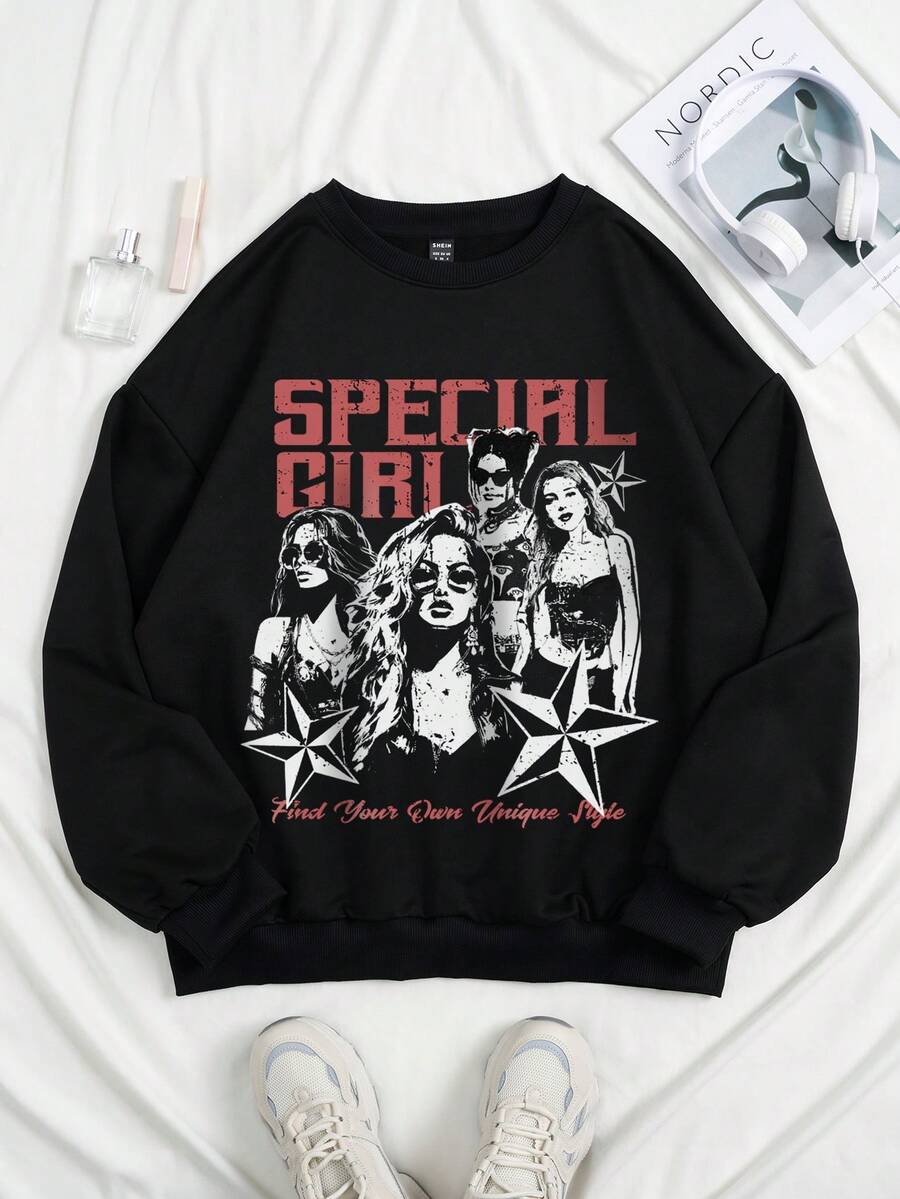 SHEIN EZwear Plus Slogan & Figure Graphic Drop Shoulder Sweatshirt - Black - View 1