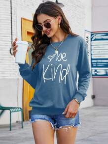 SHEIN LUNE Heart & Letter Graphic Sweatshirt - Dusty Blue - View 1