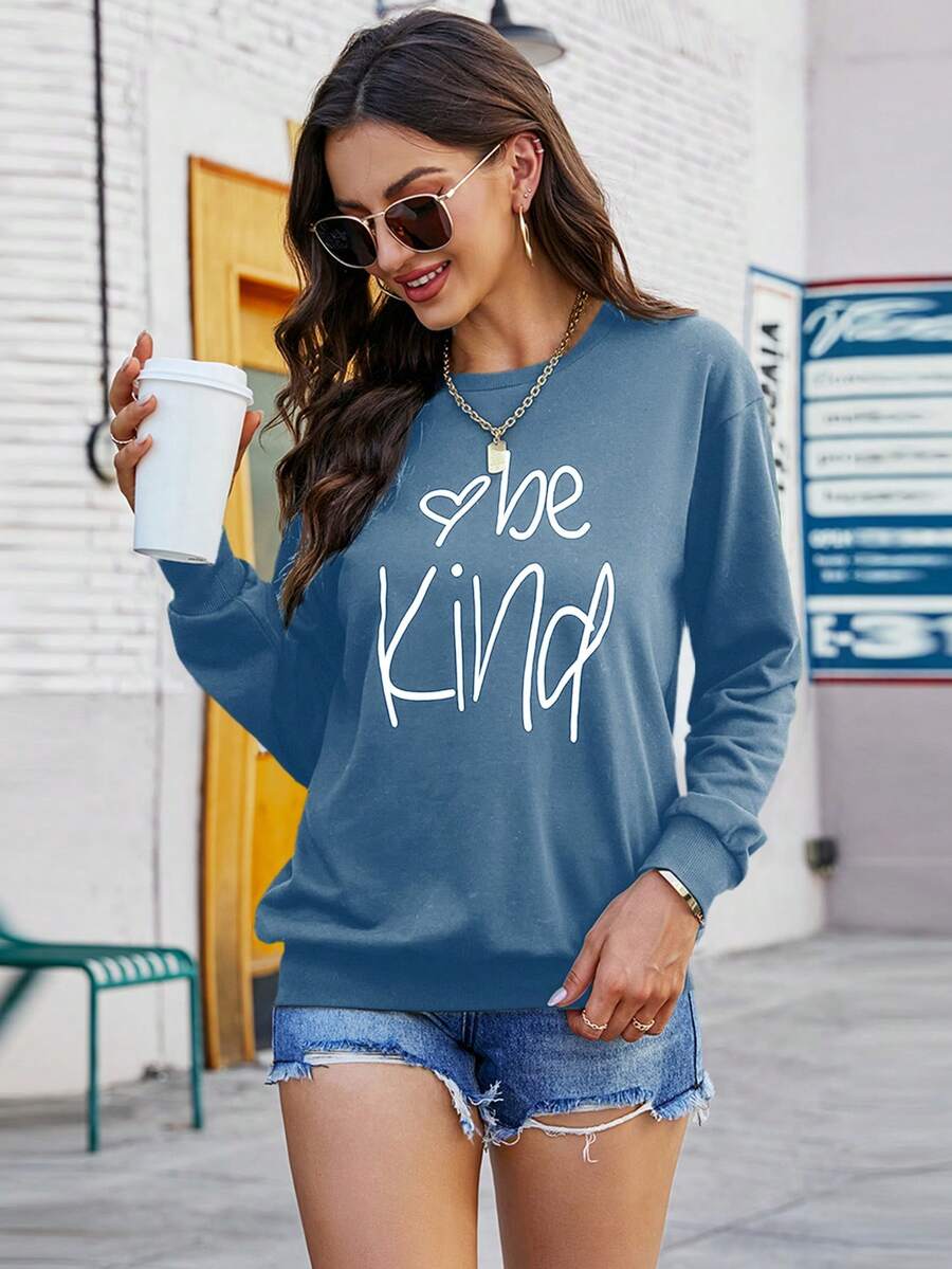 SHEIN LUNE Heart & Letter Graphic Sweatshirt - Dusty Blue - View 1