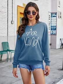 SHEIN LUNE Heart & Letter Graphic Sweatshirt - Dusty Blue - View 3