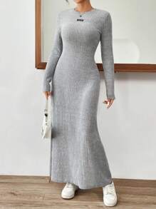 SHEIN EZwear Vestido con diseño de parche de letra tejido de canalé - Gris - Ver 4