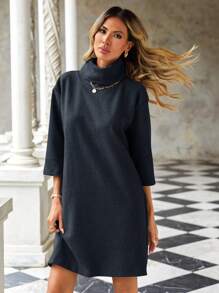 RueChic Women's Solid Color High Neck Knitted Dress - Black - View 3