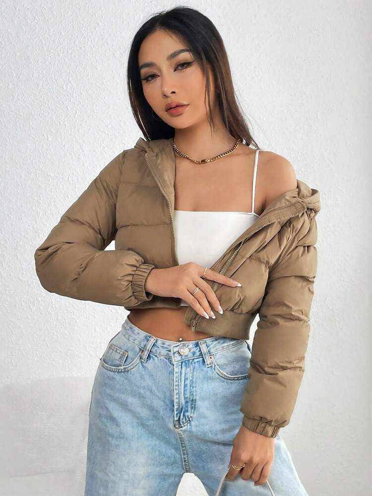 Zip Up Solid Casual Hooded Winter Coat