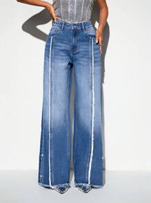 SHEIN BAE Raw Trim Wide Leg Jeans - Light Wash - View 5