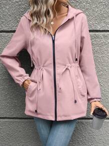 SHEIN LUNE Eo dây rút Dây kéo mặt trước áo có mũ Phù hợp thường Áo khoác - Hồng - Xem 4