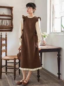 FRIFUL Viền Ruffle Nút ven Váy 2 trong 1 - Màu Khaki - Xem 4