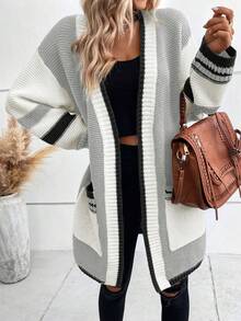 SHEIN Frenchy Mẫu sọc Túi Kép Thả vai Áo len Duster - Nhiều màu - Xem 3