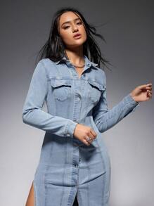SHEIN EZwear Flap Pocket Split Thigh Denim Dress - Medium Wash - View 5